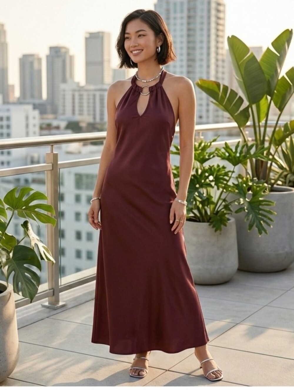 NWT Cider Brown Satin Halter Neck Backless O-Ring Maxi Dress Small Pettite